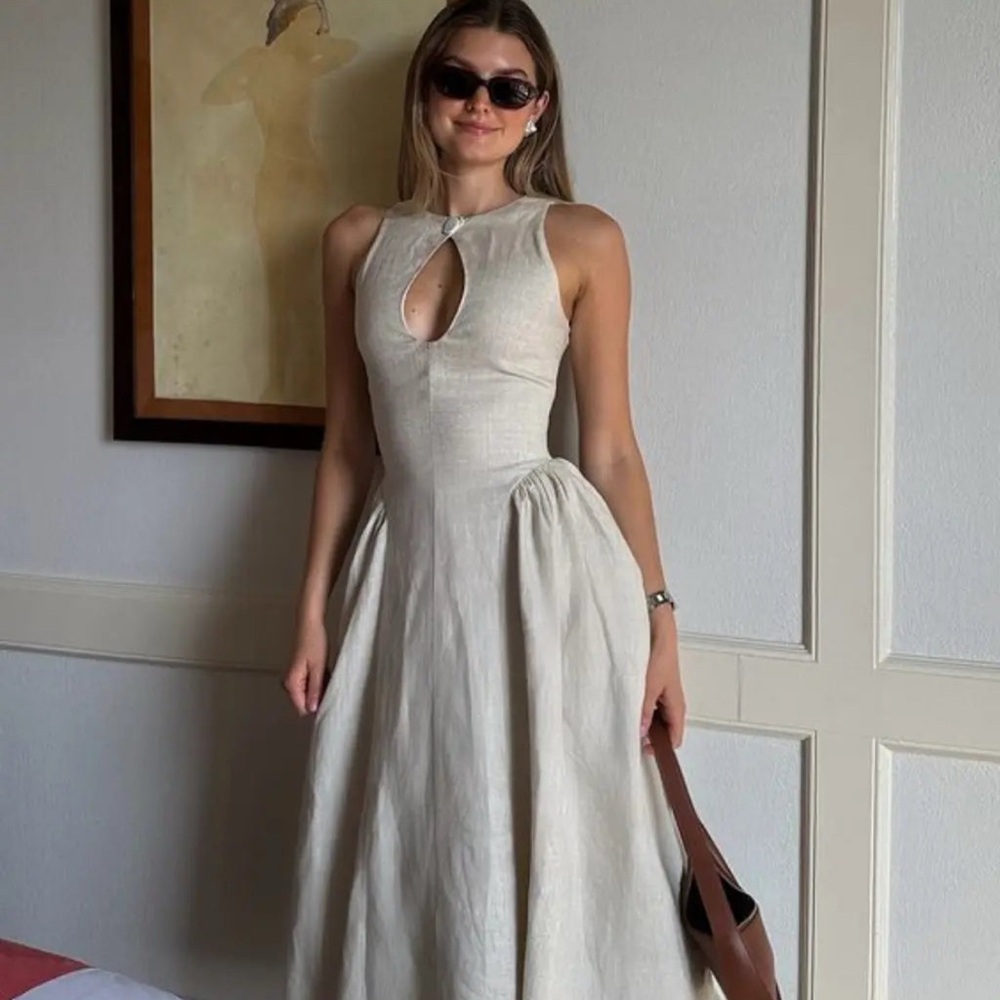 Cream A-line Halter Dress with Pleats